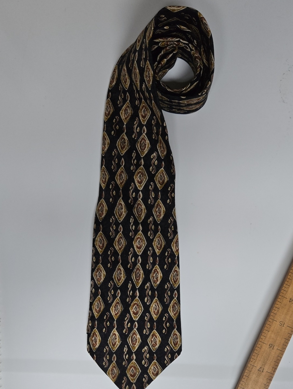 Fierte s.r.l. Classic Black Tie with Gold and Cream Diamond Pattern 100% Silk